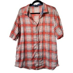 VTG VERDO Mens XL Orange Plaid Linen Cotton Button Up Top Preppy‎ Breathable